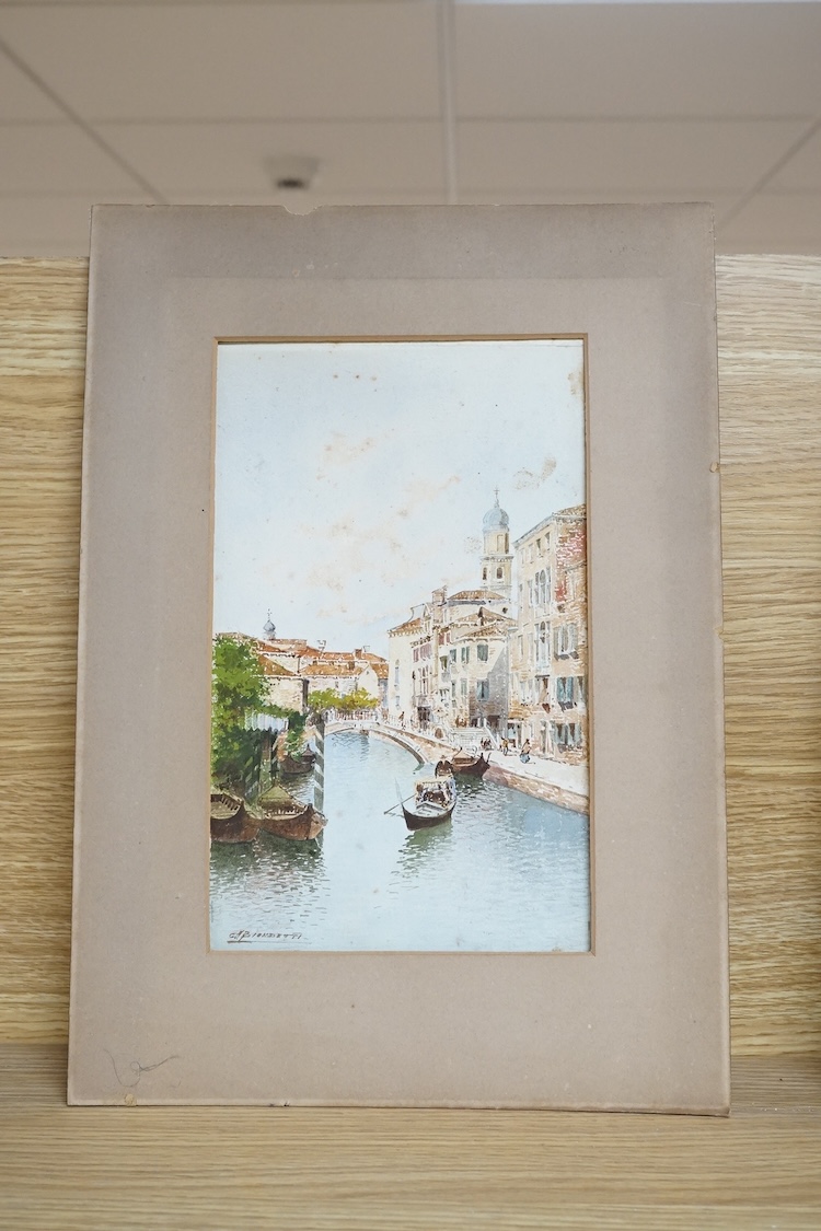 Andrea Biondetti (1851-1946), watercolour, Venetian canal with gondolas, signed, 24 x 14cm, mounted, unframed. Condition - some foxing